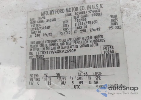 1999 Ford F-150 Lariat/Work Series/Xl/Xlt z USA, uszkodzony, nr VIN 1FTRX17W4XKA26909